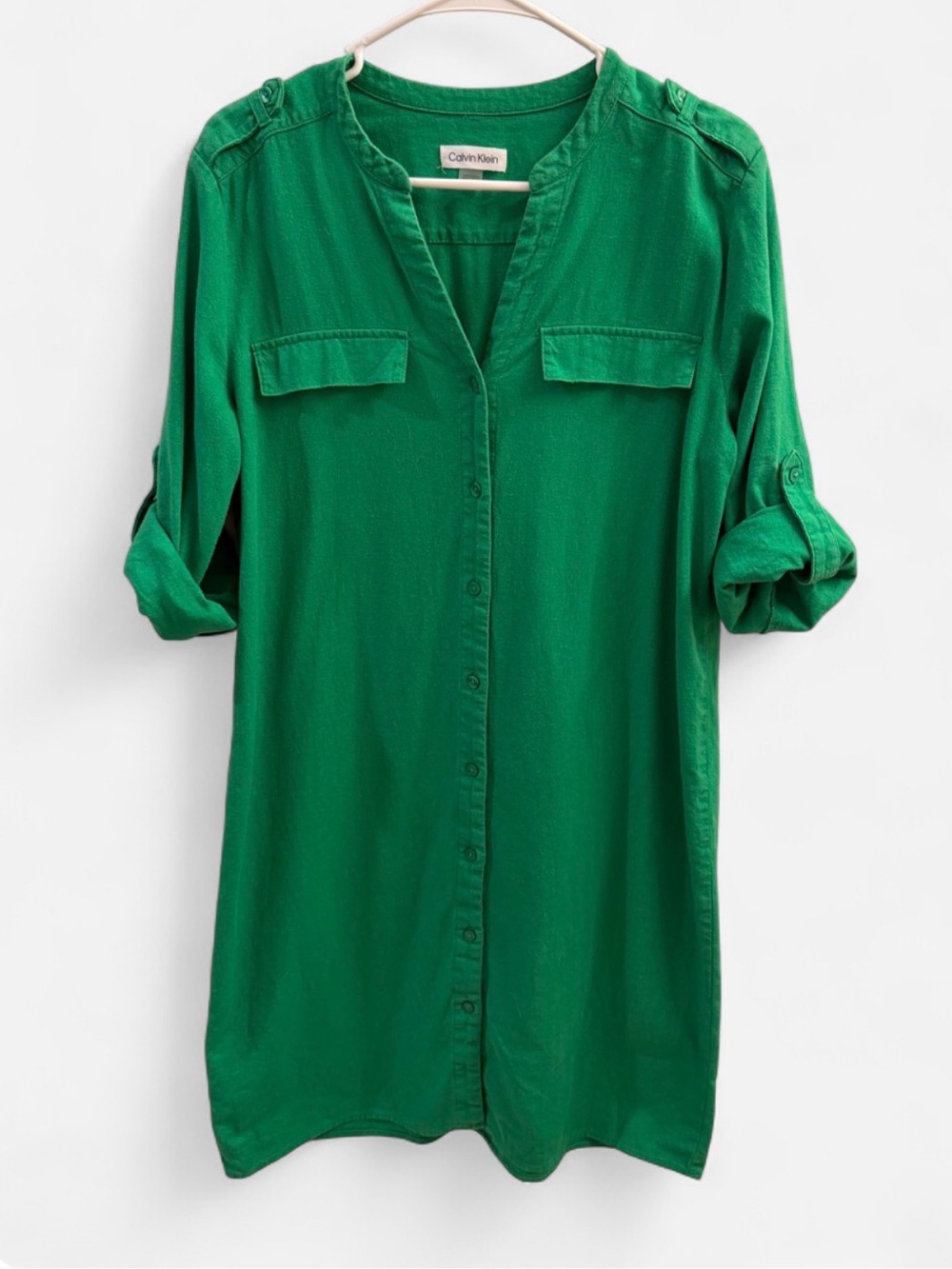 Calvin Klein Green Linen Blend Button Front Shirt Dress Size 8